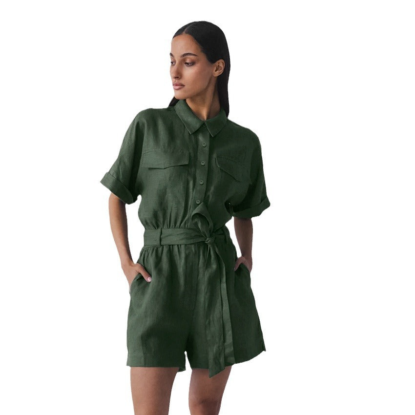 Women's Retro Lapel Wide-Leg Romper with Lace-Up Waist