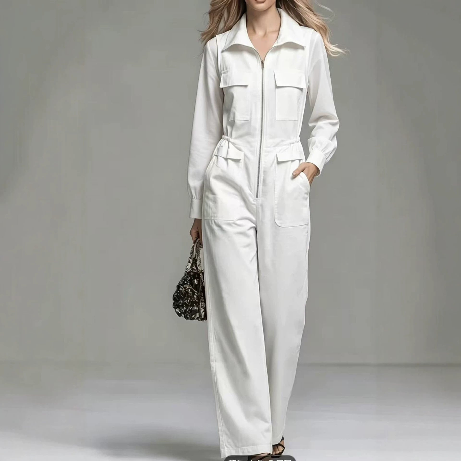 Womens White Long-sleeve Jumpsuit With A Lapel And Zipper