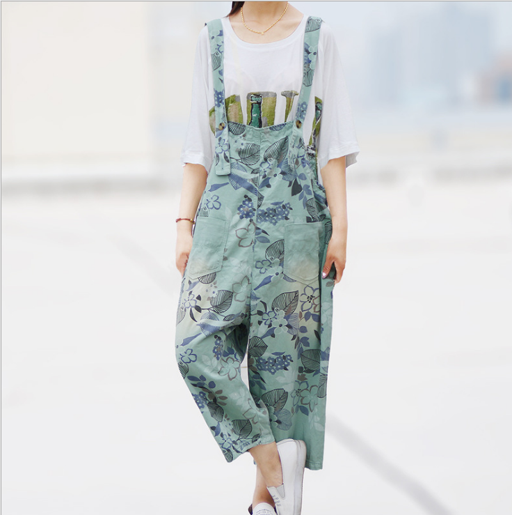 Casual Loose Floral Print Cotton Overalls for Women