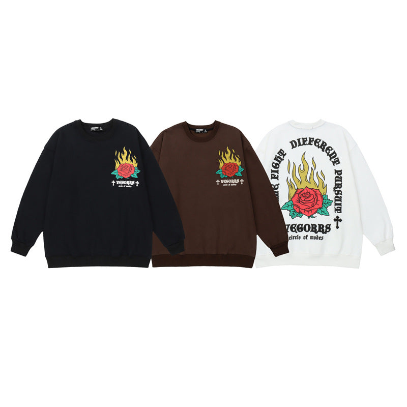 Plus Fleece Flame Rose Hoodie - Cozy Thermal Sweatshirt