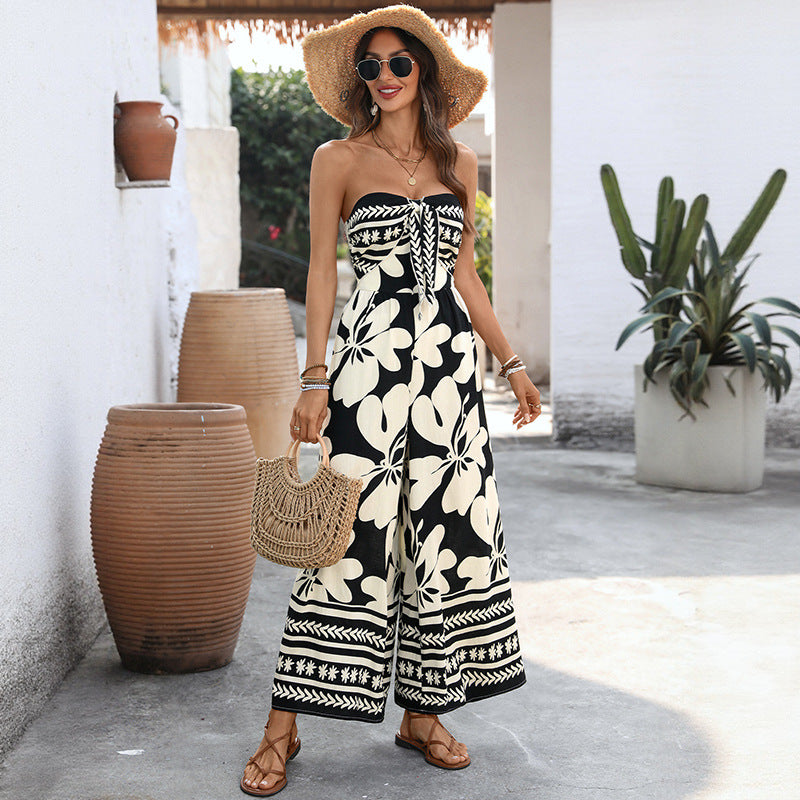 Floral Print Backless Wide-Leg Bandeau Jumpsuit