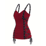 Fashionable Women's Solid-color Drawstring V-neck Slip Dress