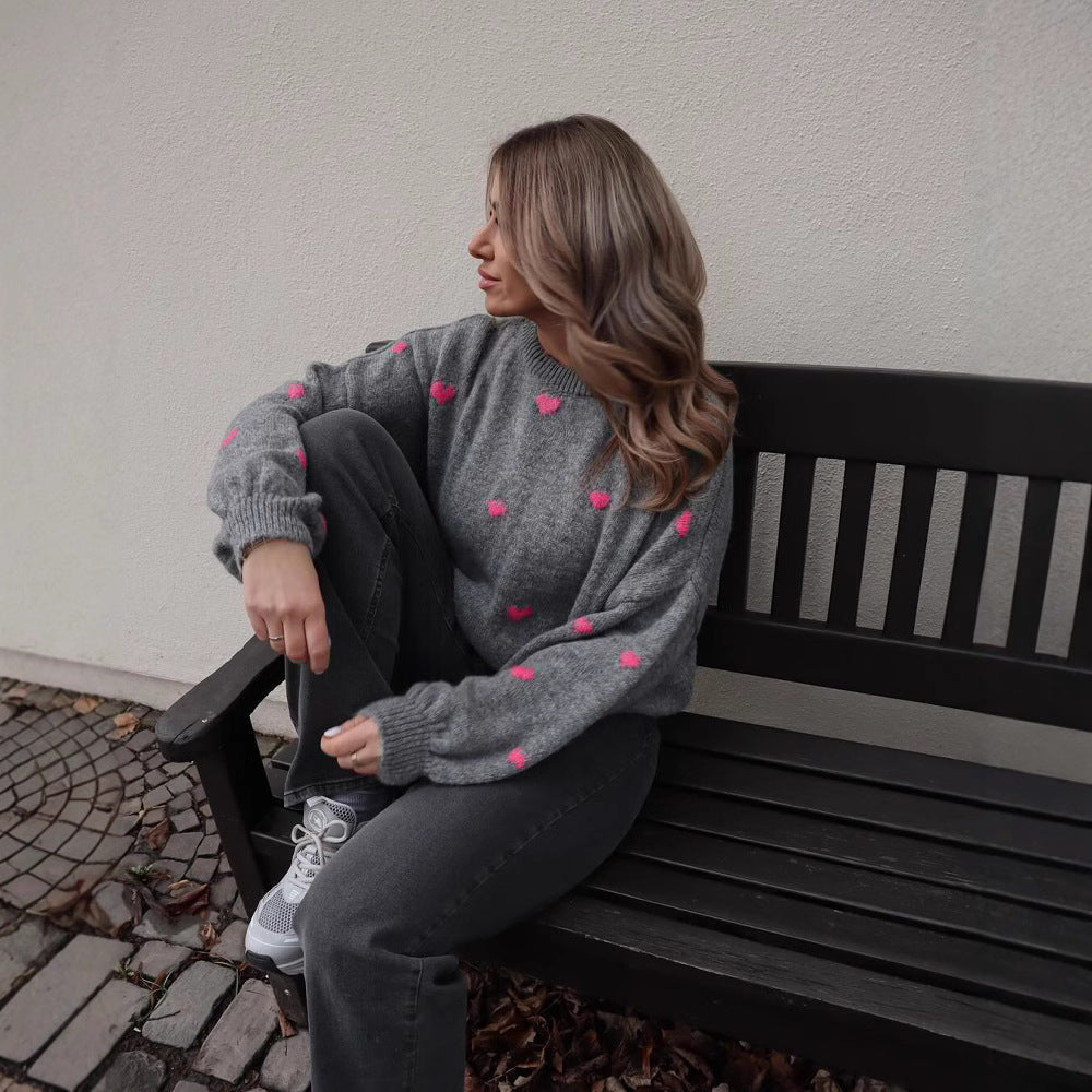 Knitted Heart Round Neck Casual Sweater