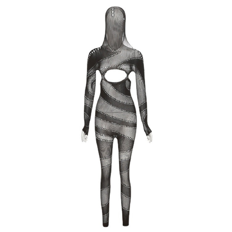 Sexy Lace Hollow-Out Hooded Romper & High-Waist Tights