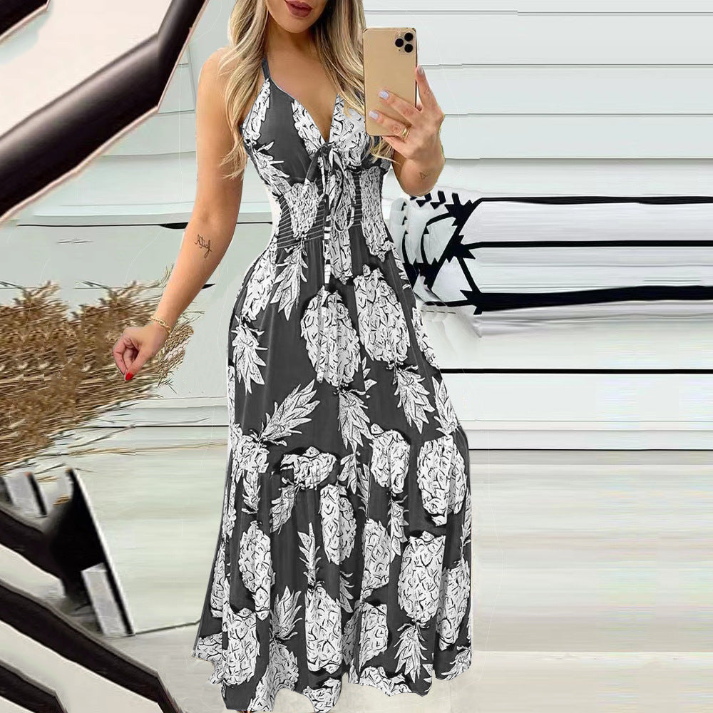 Bohemian Pineapple Print Spaghetti Strap Maxi Dress, Deep V Neck Tie Front Ruched Waist Flowy Long Dress for Beach Vacation Summer Dress for Women