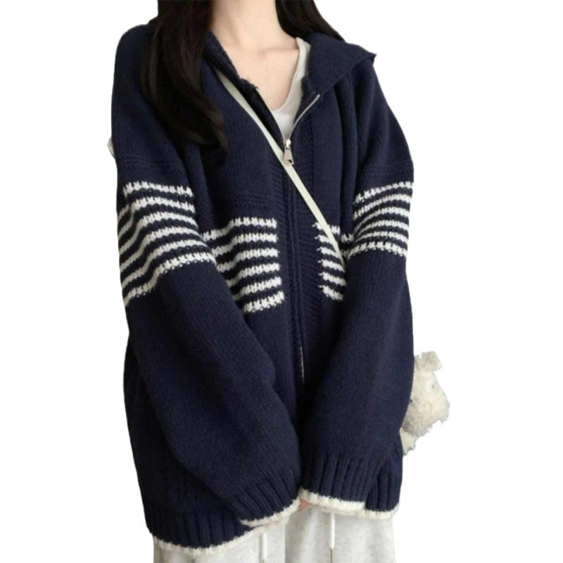 Hong Kong Style Chic Hooded Knit Cardigan Sweater Coat