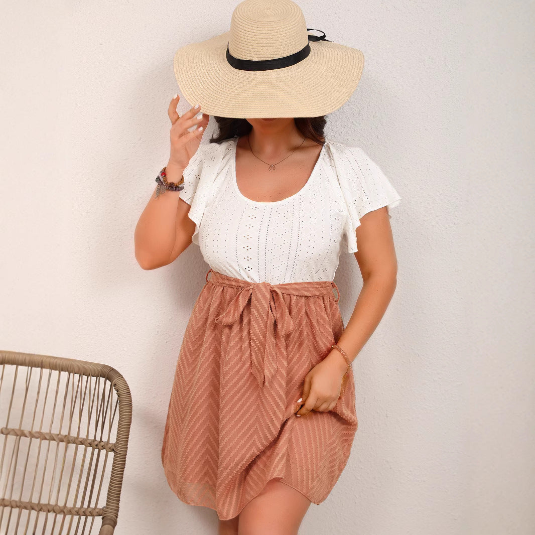 Womens Mesh Jacquard Fabric Patchwork Lace-up Dress