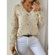 Elegant Bohemian Floral V-neck Long-sleeve Top