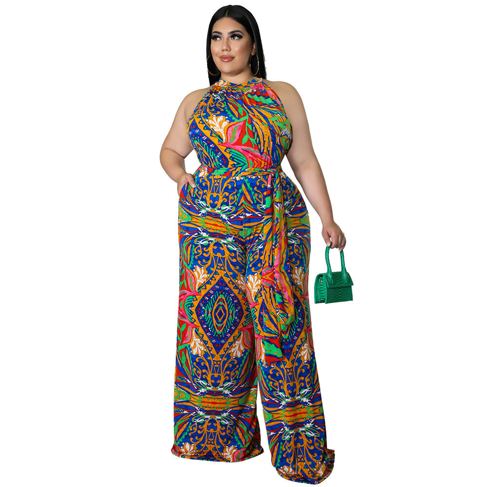 Plus Size Halterneck Printed Jumpsuit with Belt
