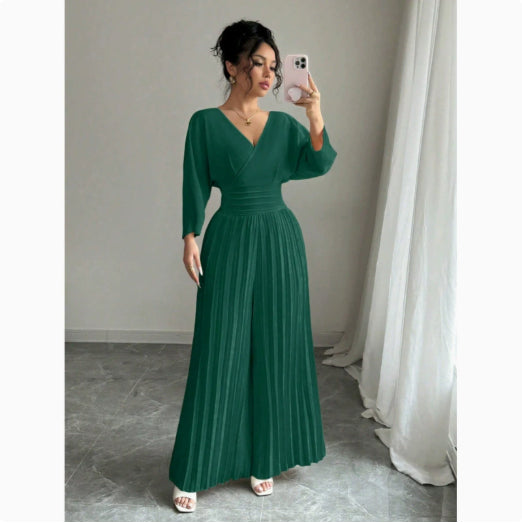 Elegant V-Neck High-Waist Pleated Jumpsuit