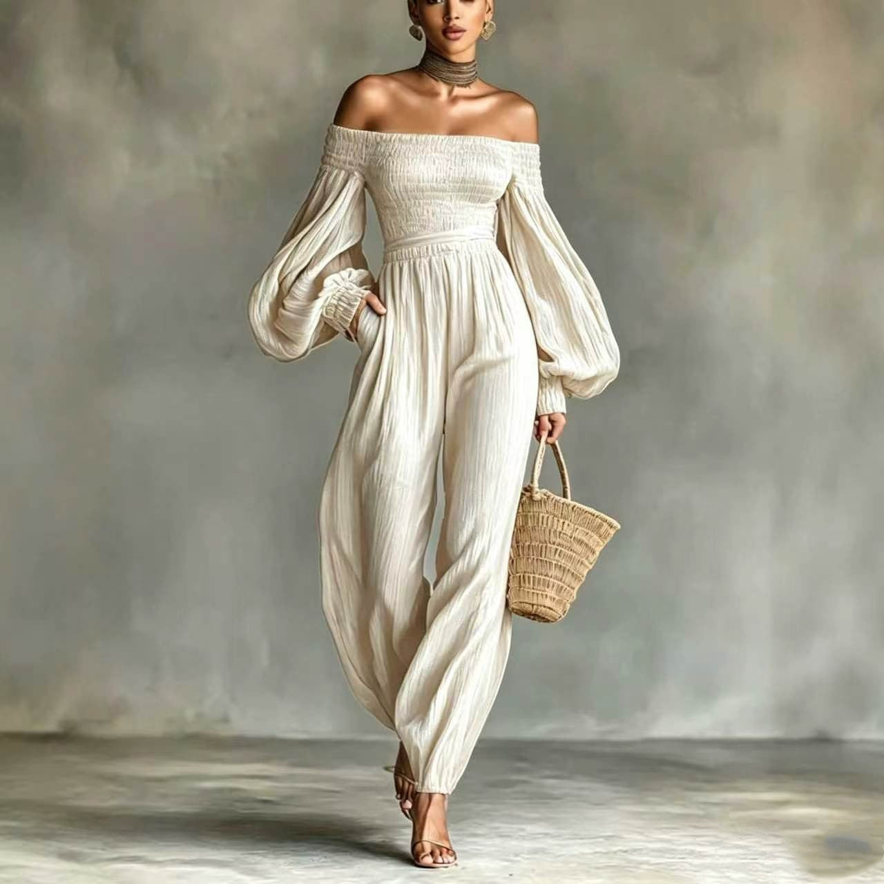 Elegant Off-Shoulder Pleated Long-Sleeve Jumpsuit