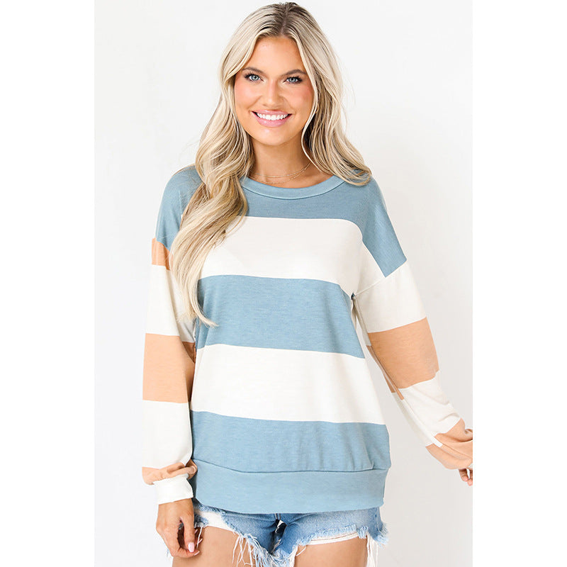 Colorblock Striped Drop-Shoulder Pullover Sweatshirt