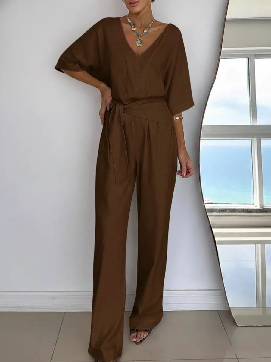 Chic V-Neck Belted Casual Jumpsuit