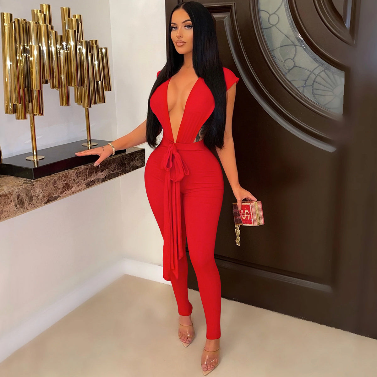 Women's Deep V-Neck Sleeveless Bandage Jumpsuit