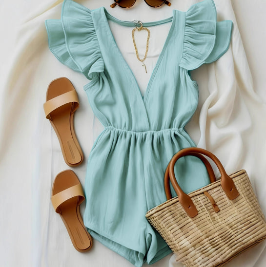 Fashionable Ruffled Deep V-Neck Backless Jumpsuit For Women