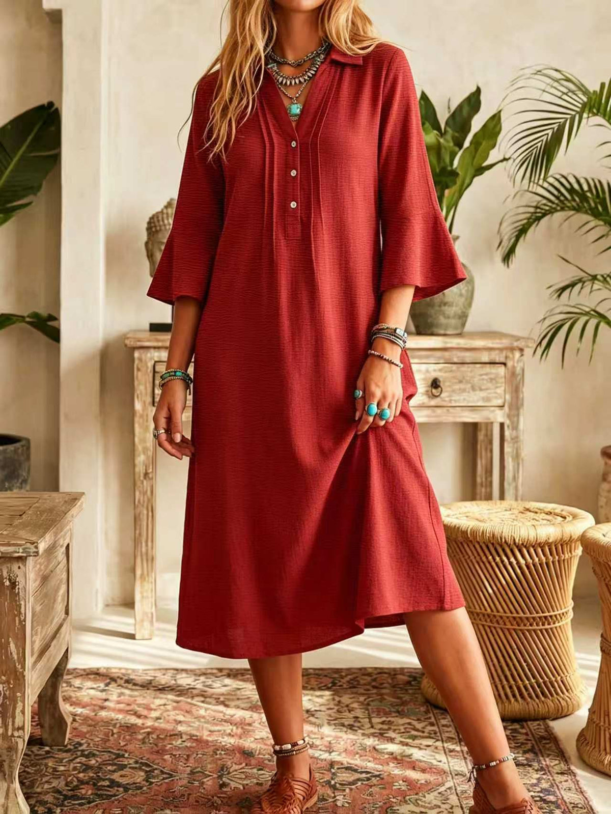 Red Long Casual Linen Shirt Dress with Buttons