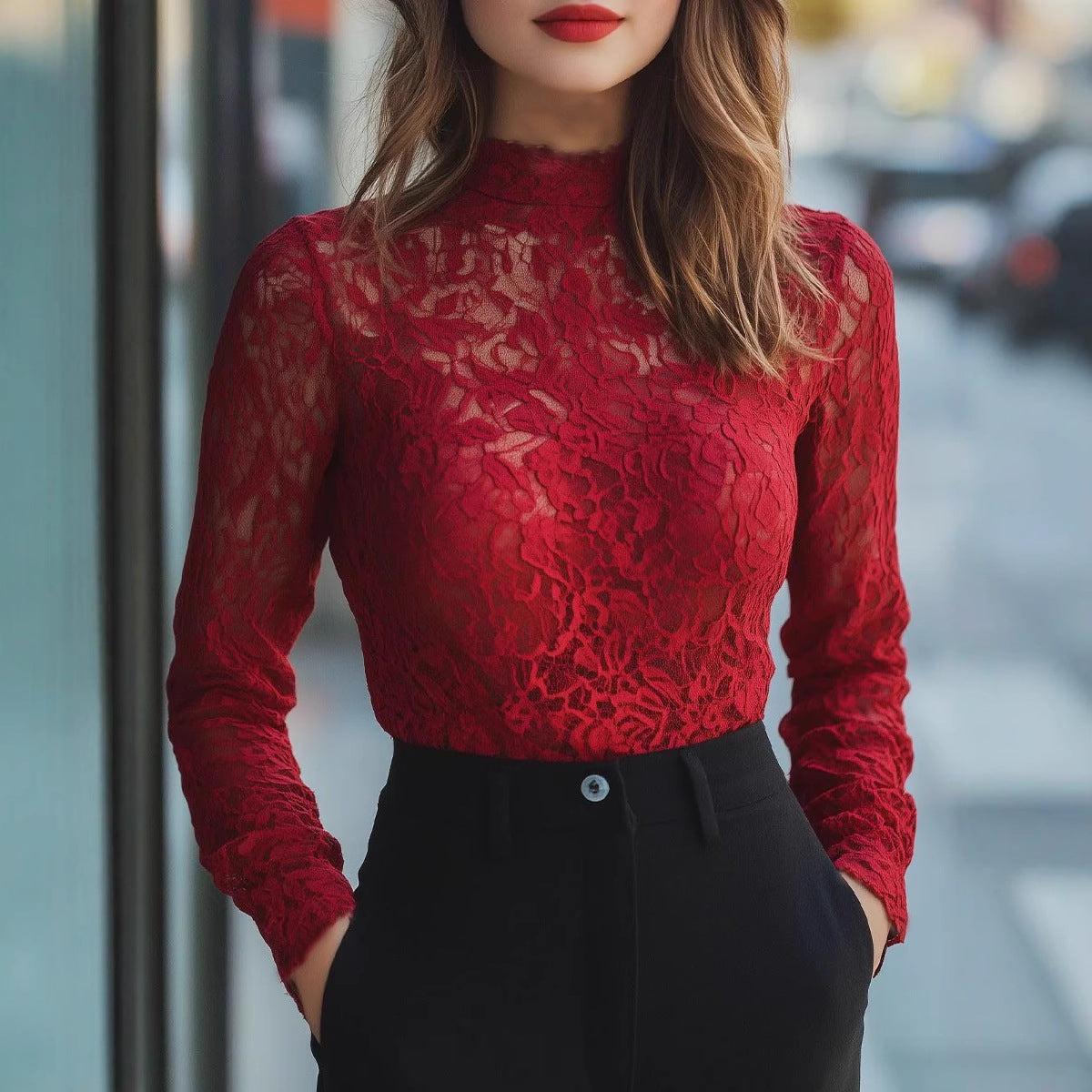 Red Lace Mock-Neck Long Sleeve Base Layer Top