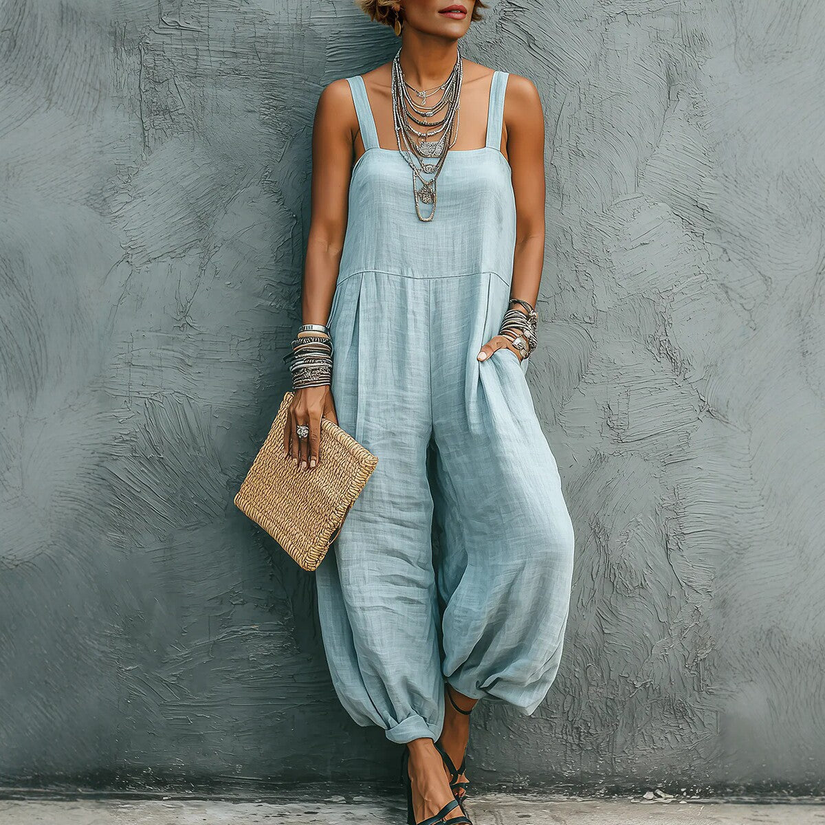 Loose-fit Strap Jumpsuit Womens Casual Wide-leg Pants