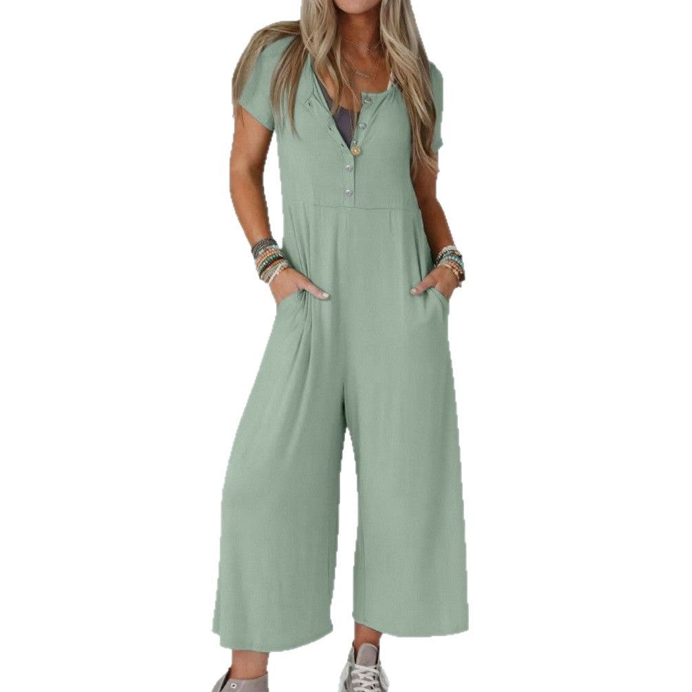 Women's Casual Slim-Fit Short-Sleeve Jumpsuit with Pockets