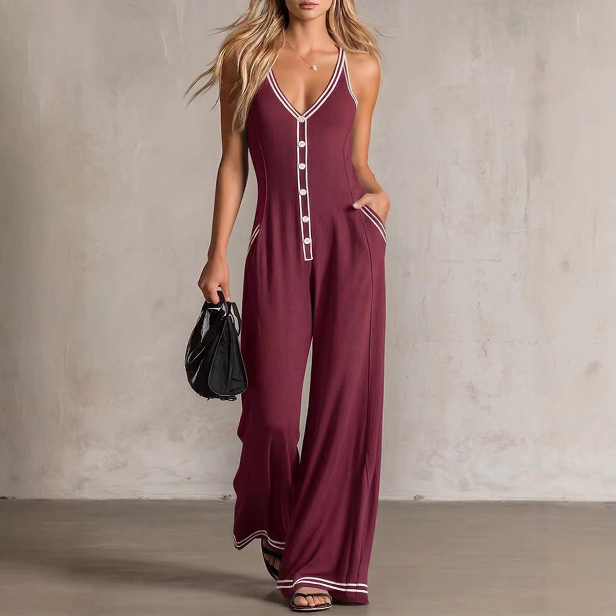 Chic V-Neck Backless Wide-Leg Casual Jumpsuit