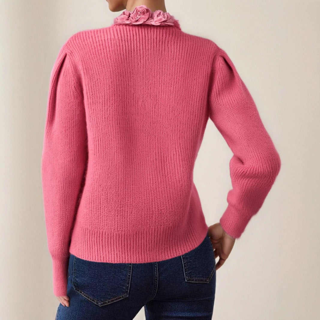 Autumn and Winter French Rose V-neck Sweater
