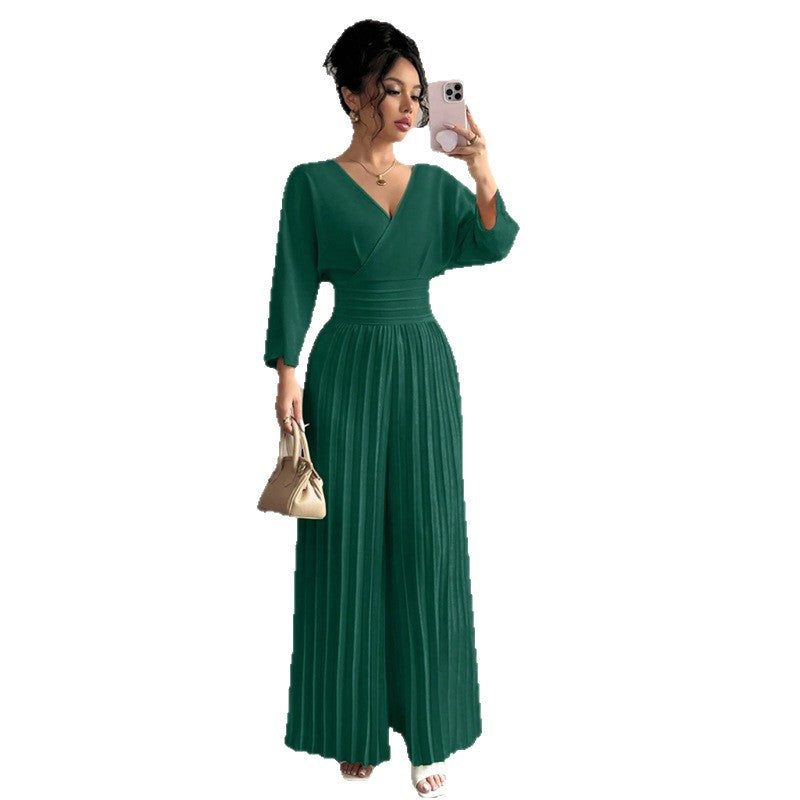 Solid-color Pleated Jumpsuit Pants For Women