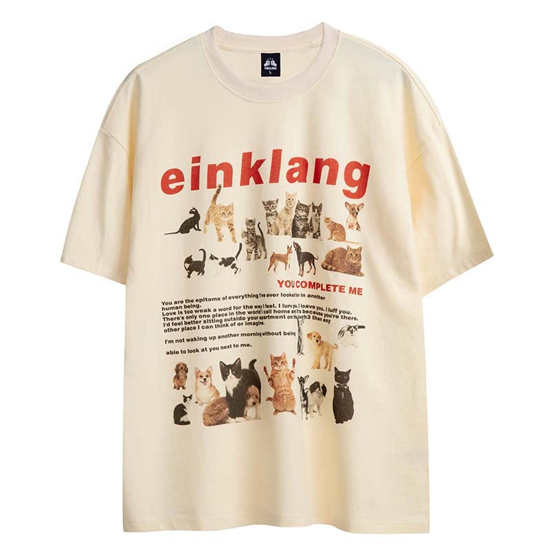 Streetwear Cute Cat & Puppy Print Short Sleeve Tee