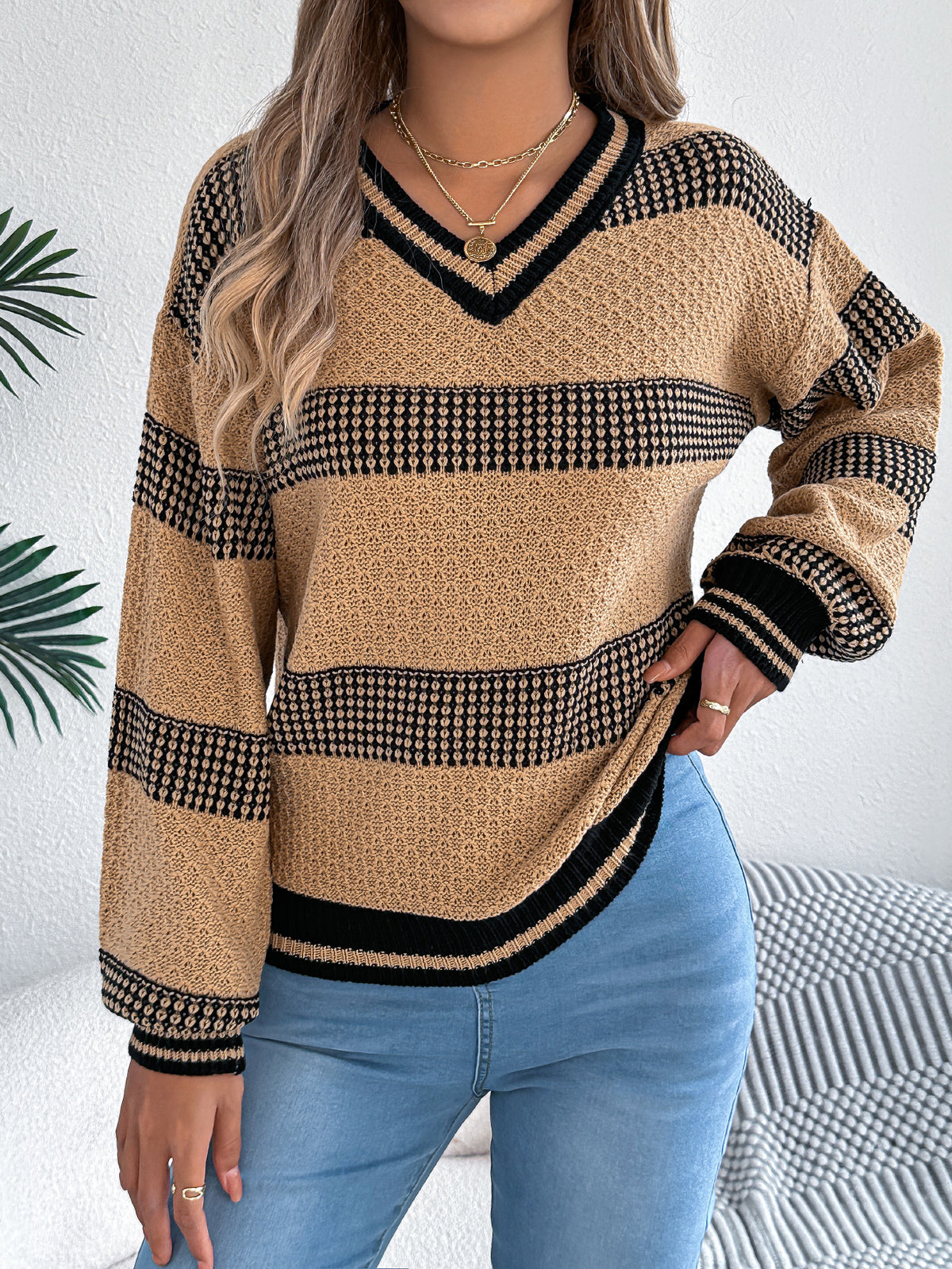 Women V-neck Color Block Stripe Lantern Sleeve Pullover Sweater