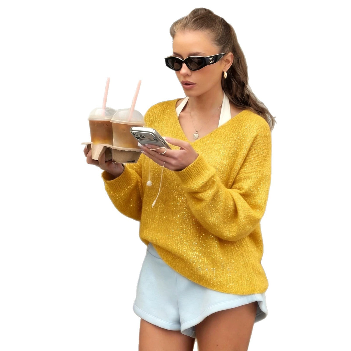 Womens V-neck Blouse Loose-fit Long-sleeve Sweater