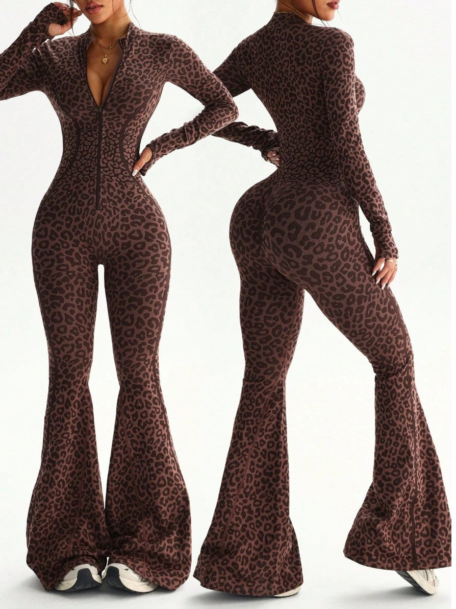 Leopard Print Slim Fit Hip Hugging Yoga Suit