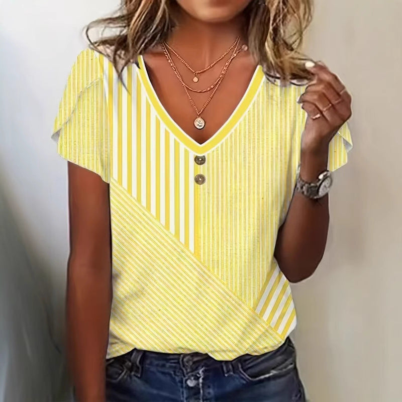 Vibrant Yellow Striped Button‑Up Short Sleeve Top – Effortless Chic