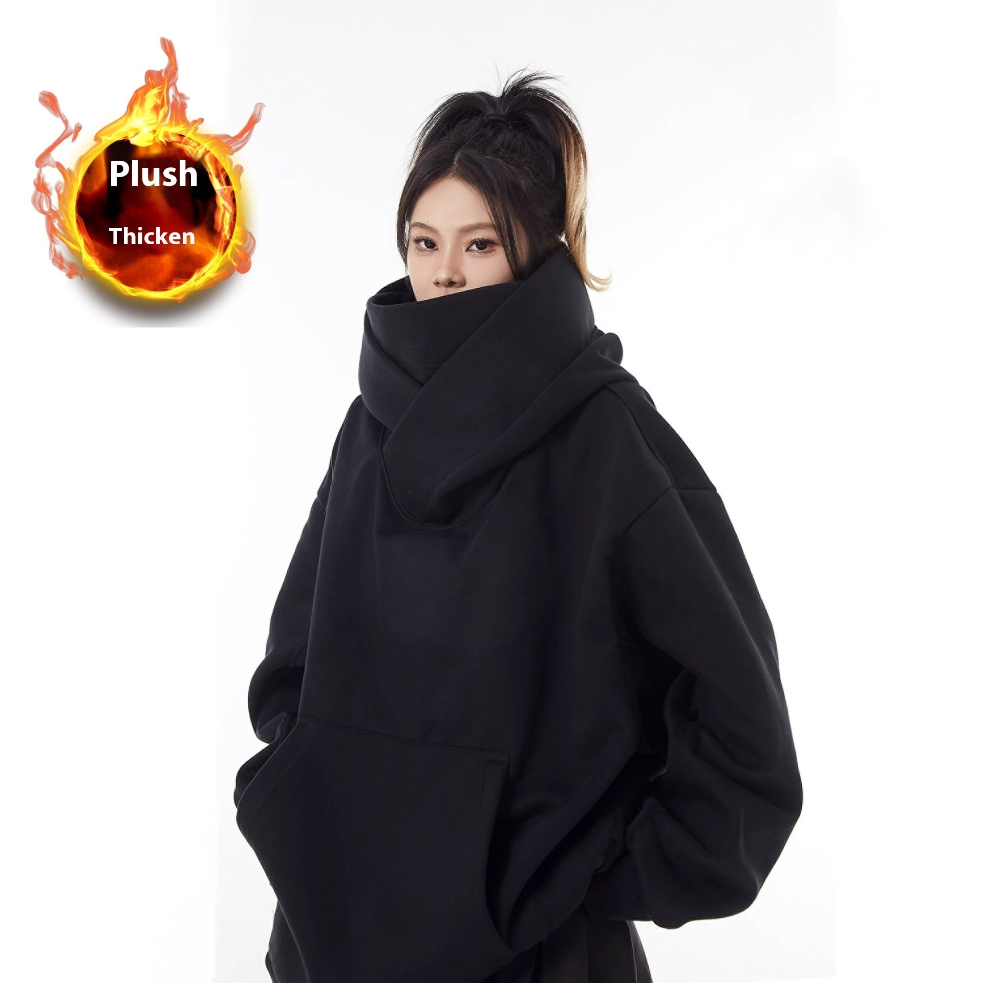 Fleece-Lined High Collar Hooded Sweatshirt