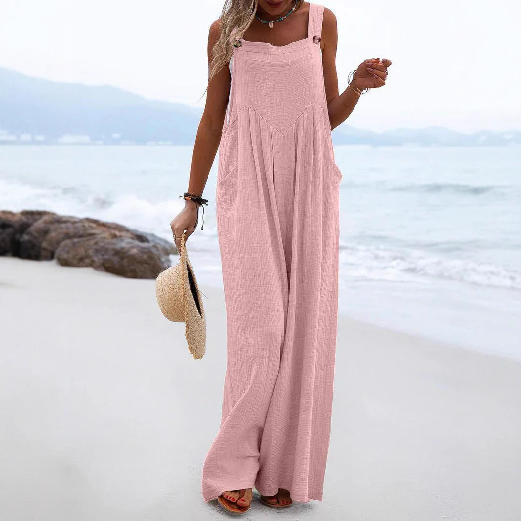 Sleeveless Wide-leg Buttoned Ethnic-style Jumpsuit
