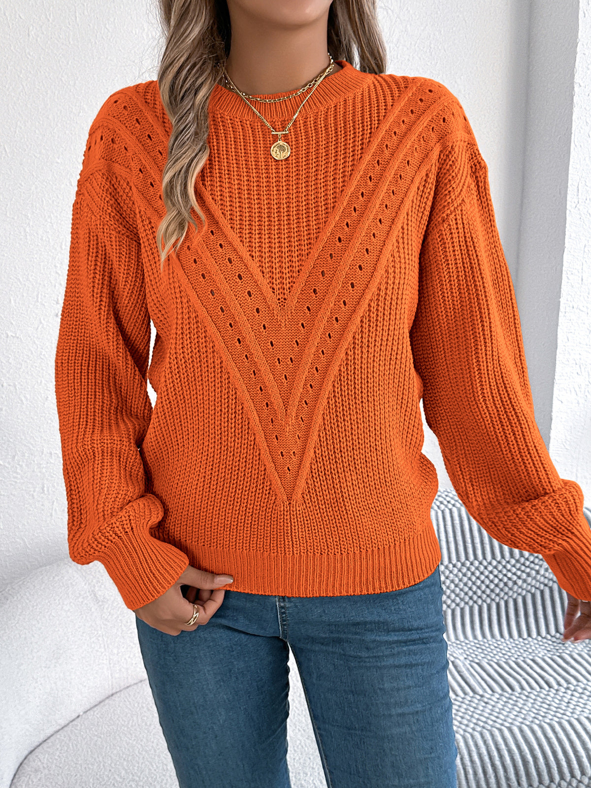 Women Casual Solid Color V-neck Hollow Out Lantern Sleeve Pullover Sweater