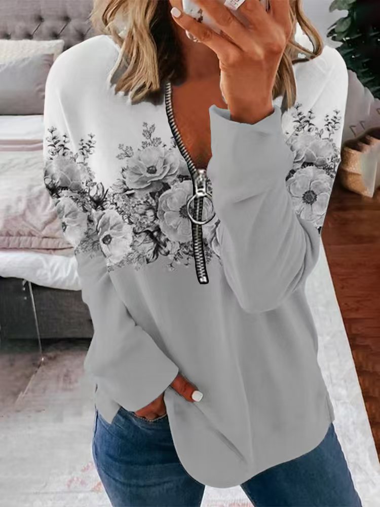Floral Print Zip-Neck Pullover Sweater