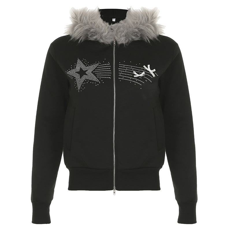 Retro Fur Collar Zip Sweater Cardigan