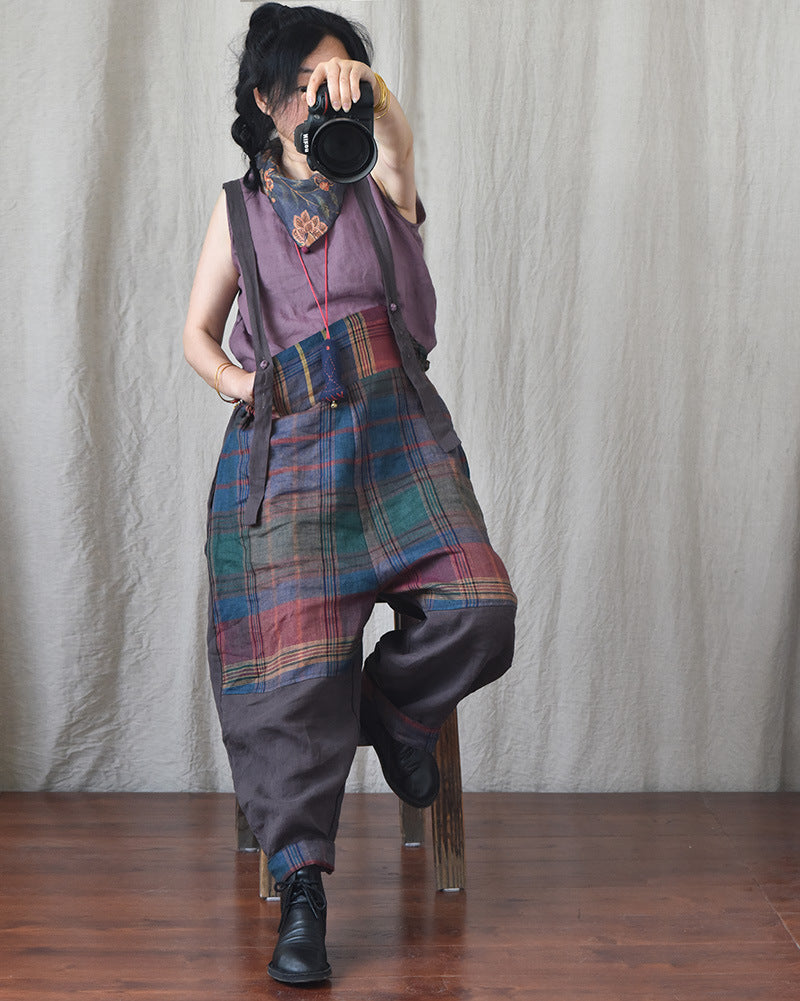 Chic Linen Patchwork Suspender Pants for Women