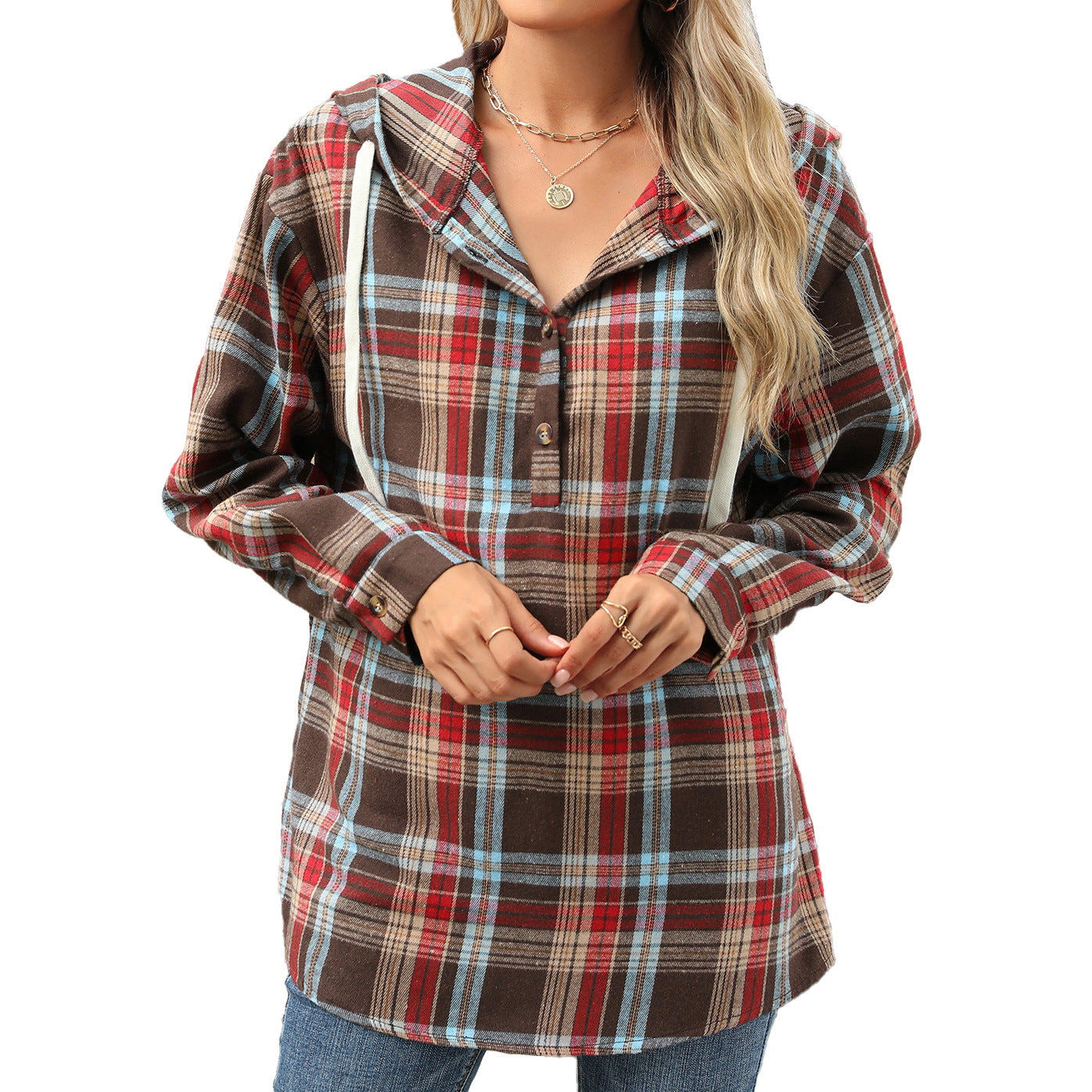 Women's Plaid Button Hoodie Loose Long Sleeve Sweatshirt