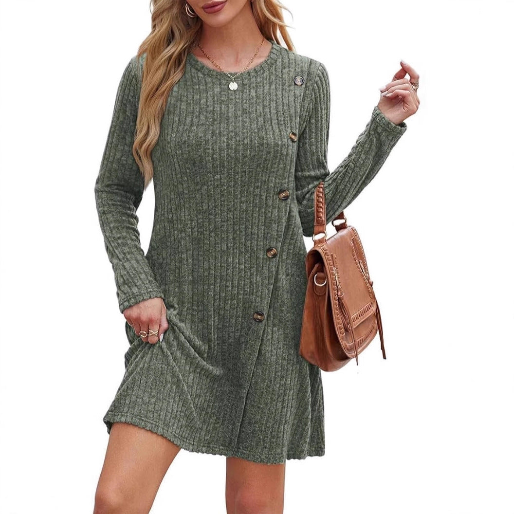 Womens Long-sleeved Ribbed Casual Dress