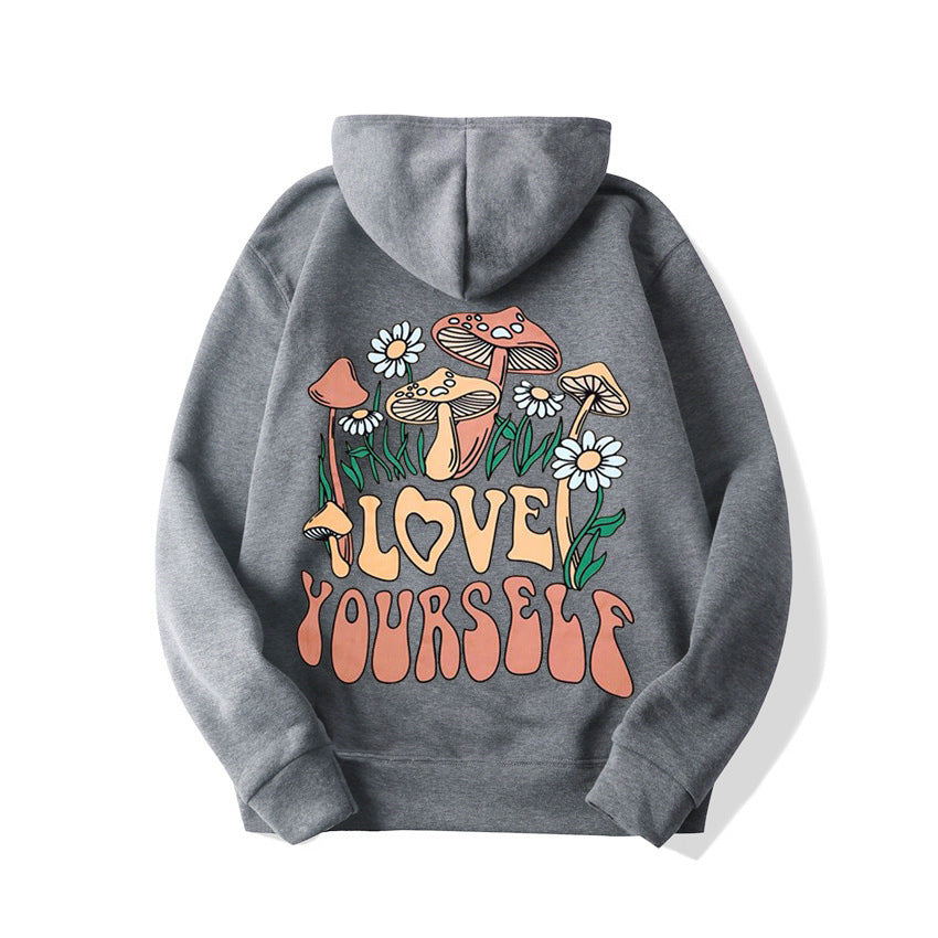 Plus Size Cute Mushroom Slogan Cozy Pullover Hoodie