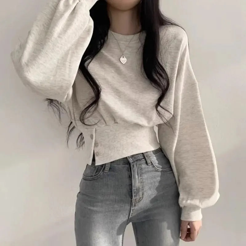 Cropped Button Long Sleeve Sweatshirt for Women