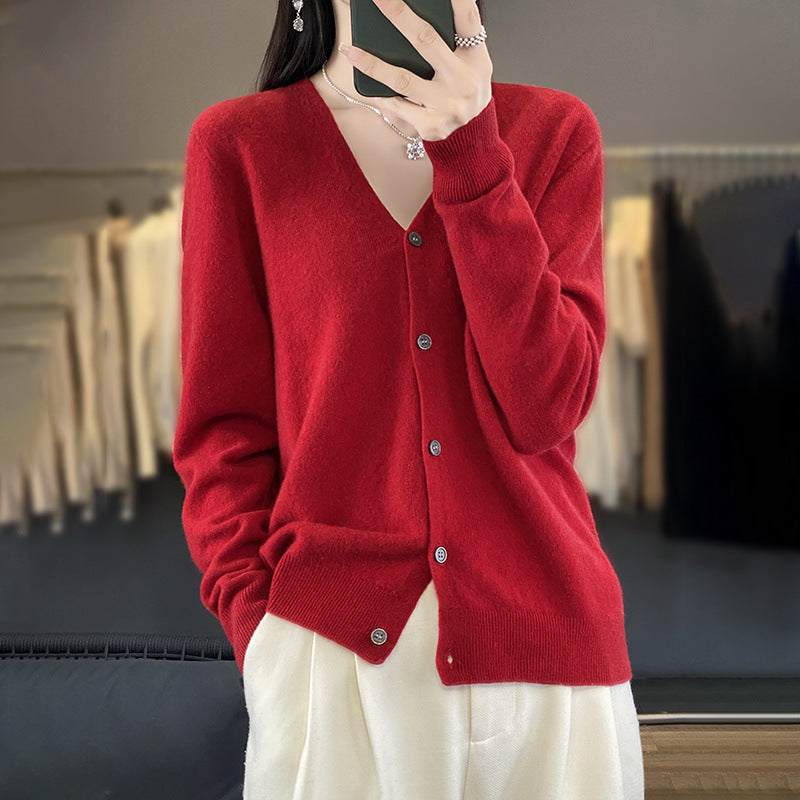 Womens Wool Cardigan Long-sleeve V-neck Sweater Coat