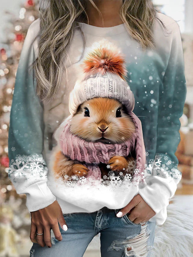Cute Rabbit Print Round Neck Long Sleeve Sweater
