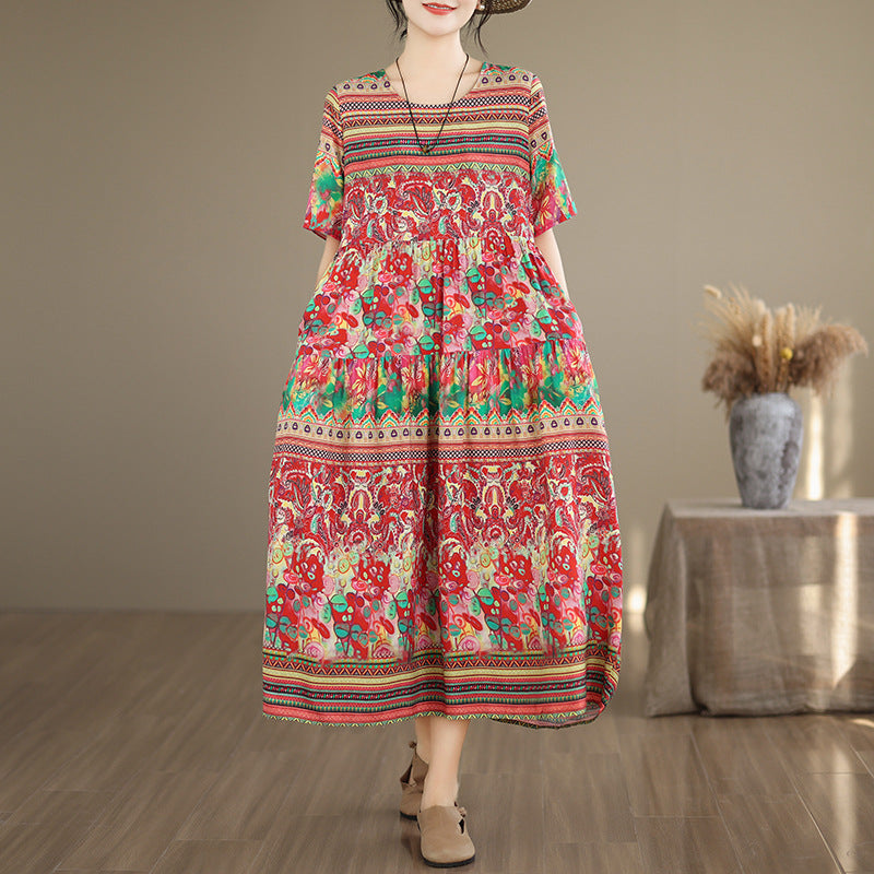 Ethnic-style Vintage High-waisted Figure-flattering Dress