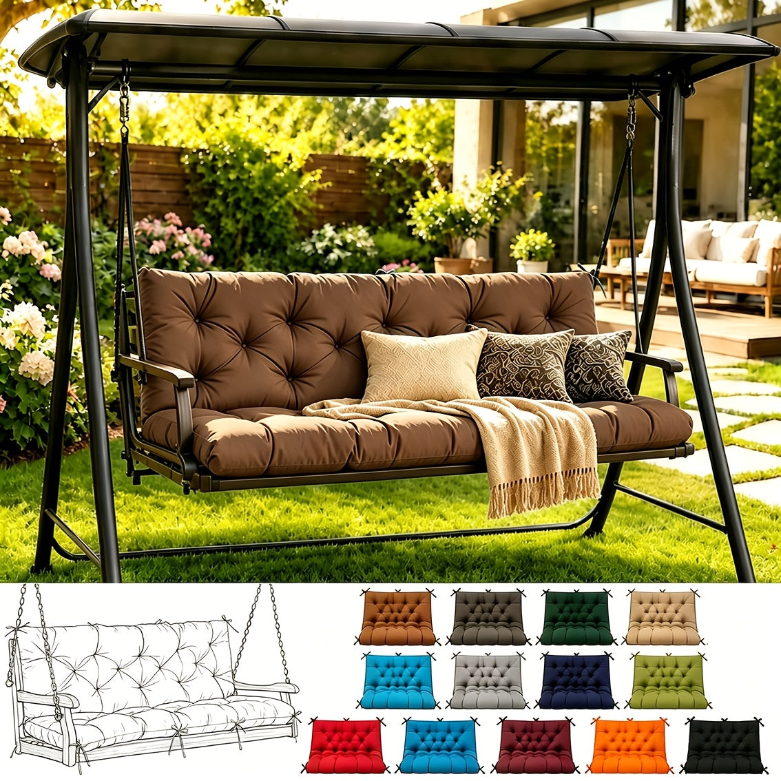 Porch Swing Cushions, Outdoor Replacement Cushions with Backrest, Waterproof Bench Cushion with Ties, for Patio Porch Garden Backyard, 5In 60 Inch 3 Seater, Sky Blue 60 X 40In 47 X 40In 40 X 40In