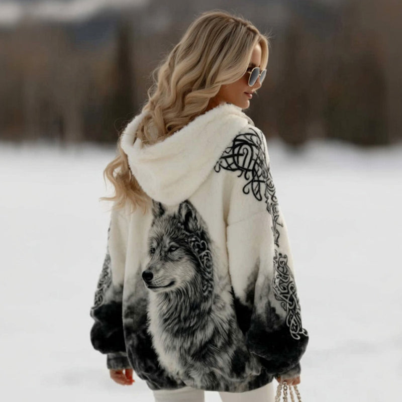 Retro-print Womens Hooded Faux-knit Hoodie