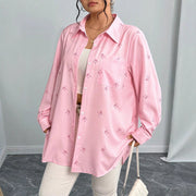 New Plus Size Womens Shirt Jacket With Bow Tie And Print Long Sleeve Top