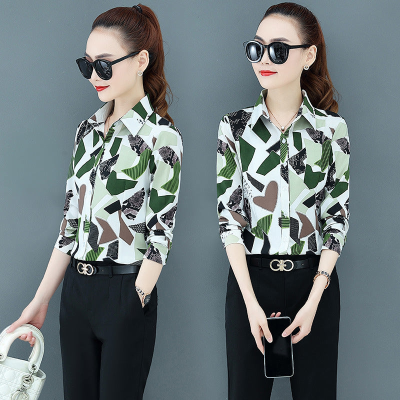 Printed Long-sleeve Loose-fitting Womens Top