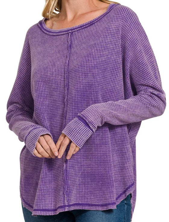 Women's Casual Washed Waffle Long-Sleeve Pullover Top