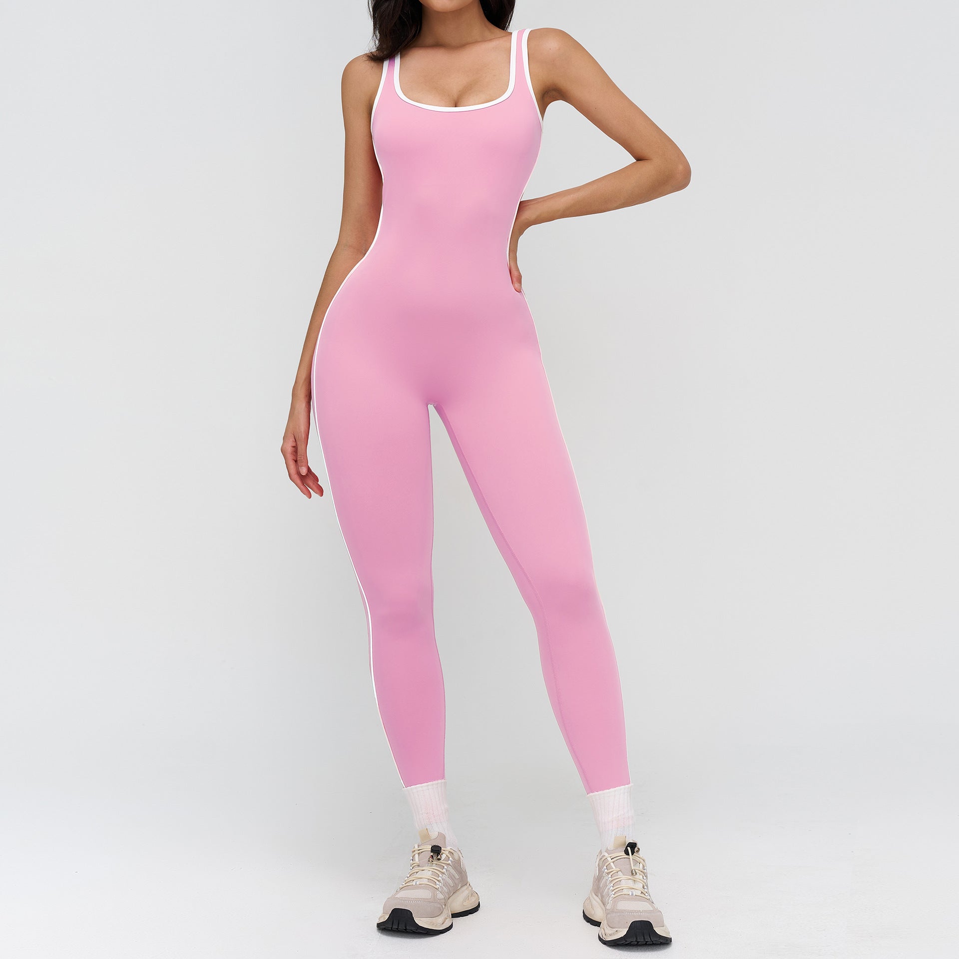 Nude-Feel Yoga Jumpsuit With Contrasting Trim And Generous Boat Neckline Fitness Wear
